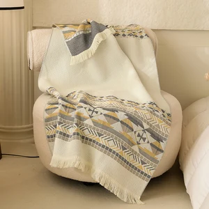 4-Layers Gauze Cotton Yarn-dyed Wrap Blanket Tassel Shawl for Autumn Winter