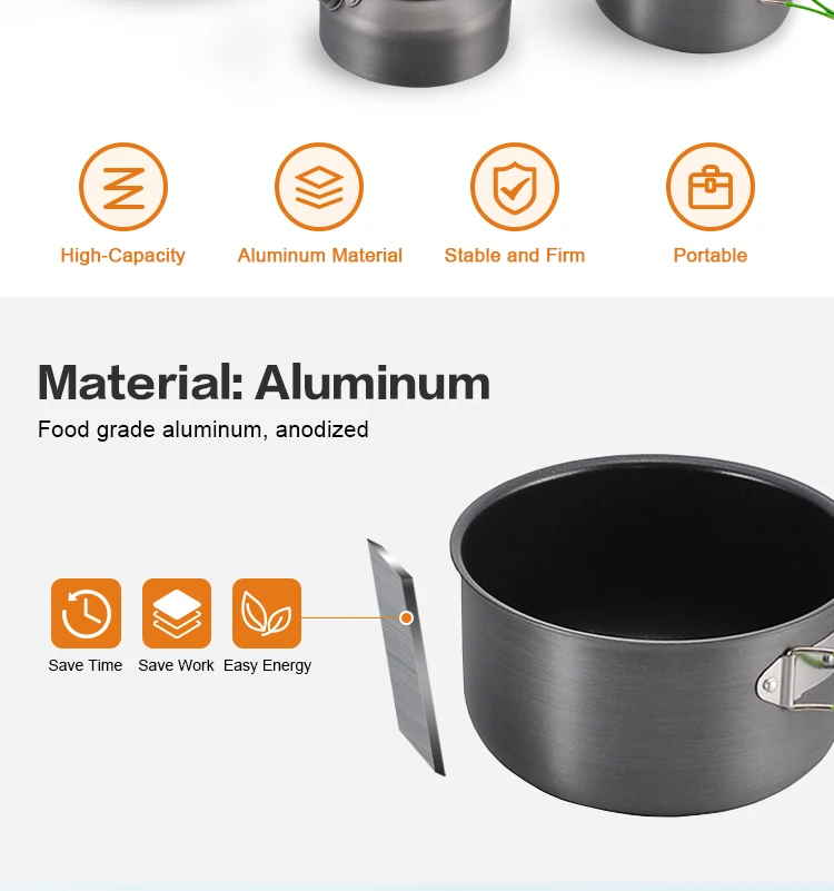 Outdoor Camping Aluminum Nonstick Cookware Pot Cook Set With Stainless Steel Handle factory