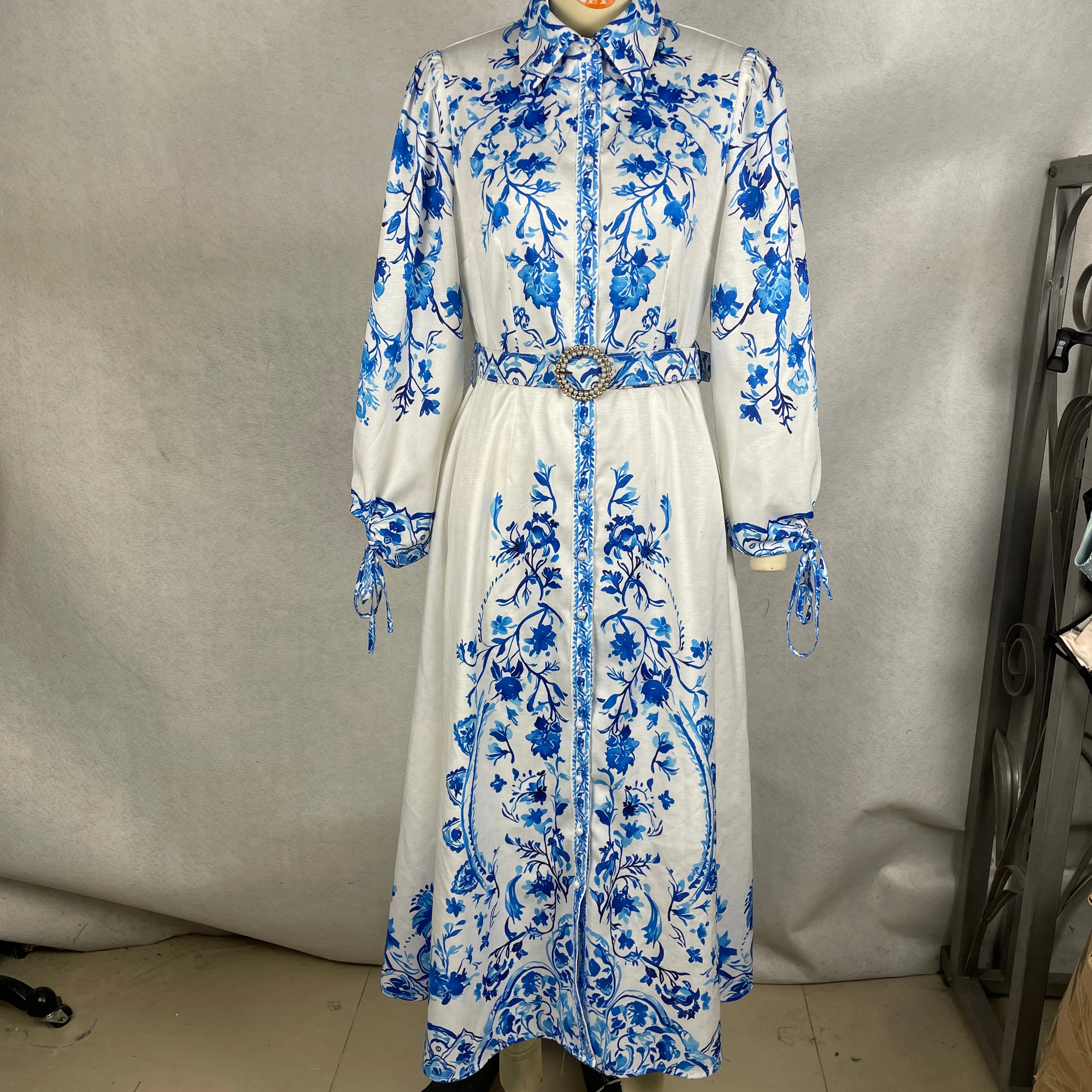 Long Blue And White Porcelain Floral Print Dress Natural Waistline Woven And Digital Printing - Image 1