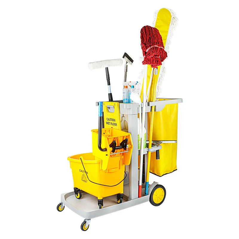 Multi-function Plastic Cleaning Cart Housekeeping Trolley Restaurant Hotel Cleaning Trolley Cart with Wheels manufacture