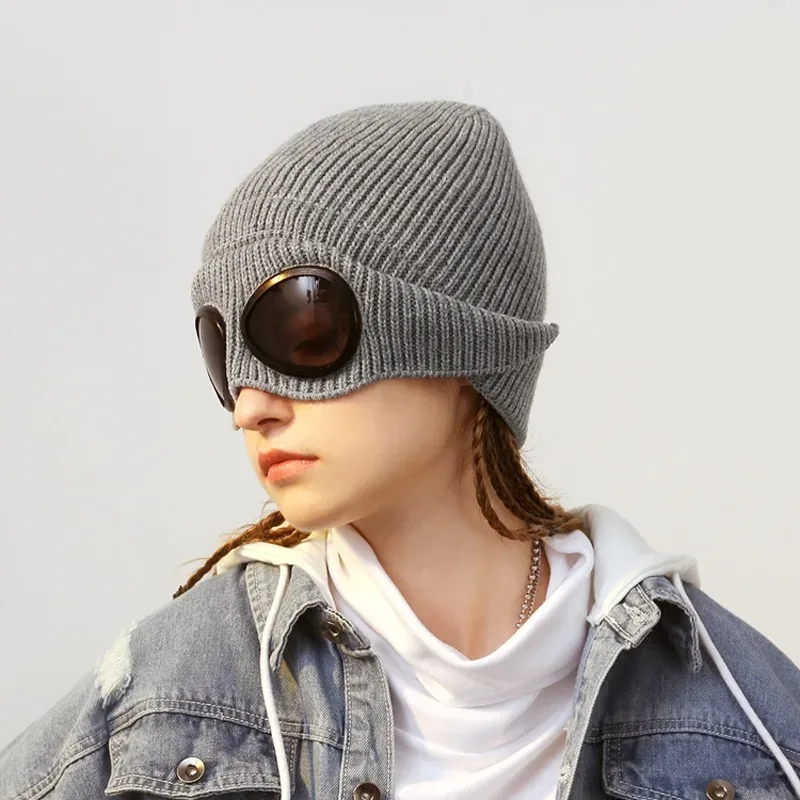 Unisex Goggle Knitted Beanie Hat - Warm Winter Skull Ski Cap