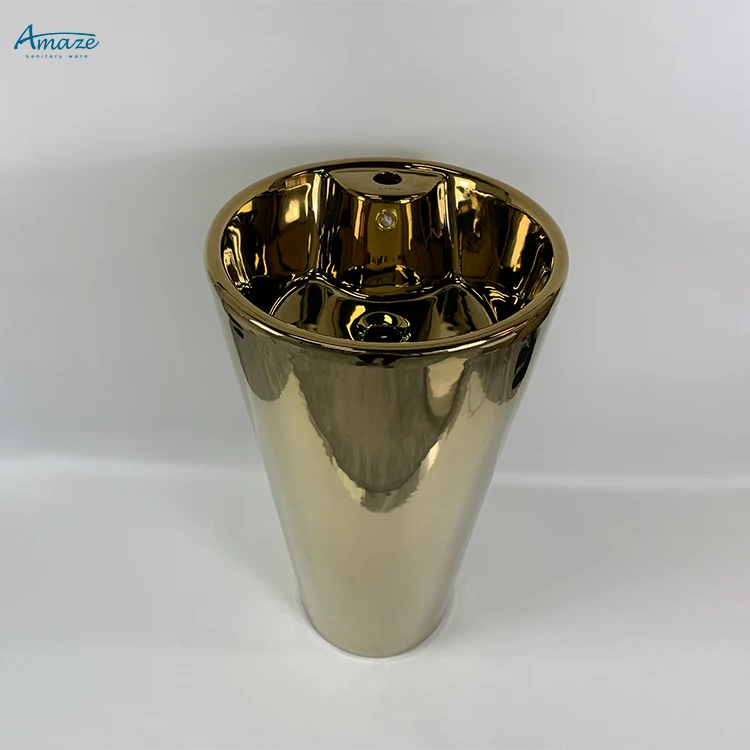 Luxury sanitary ware plated gold color basin bathroom sink ceramic full pedestal gold wash hand basin supplier