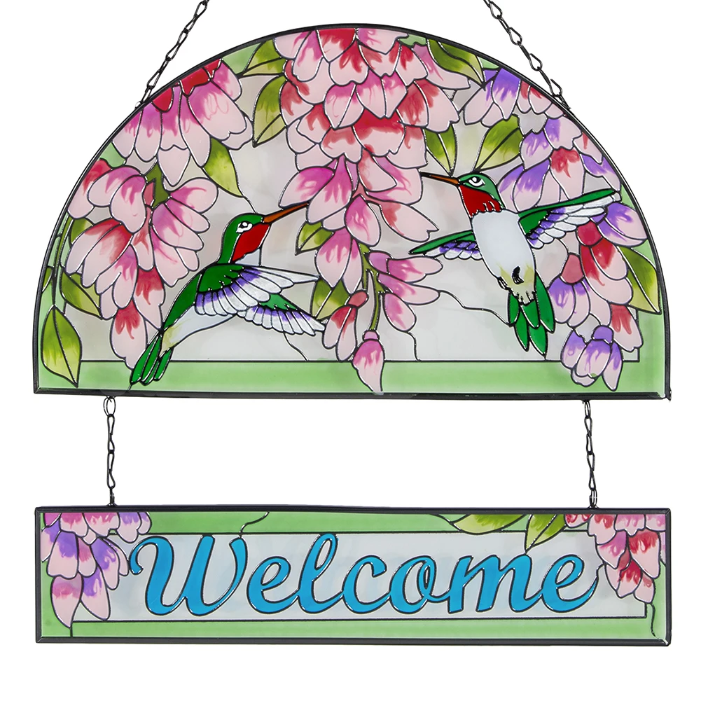 Hummingbird Flower Glass Wall Hanging,  Porch Window Welcome Sign, Handmade Metal Chain Panel