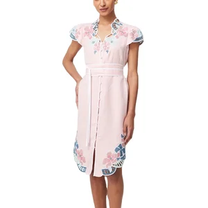 Custom Summer Women's Loose Cotton and Linen Printed Floral Embroidery Lace Trim Short Sleeve Beach Casual Maxi Dress