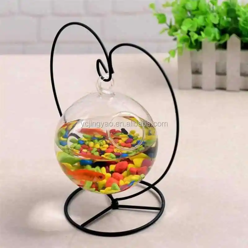 Decorative Small Glass Vase Creative Fish Tank Aquarium Fish Bowl with Heart Iron Holder