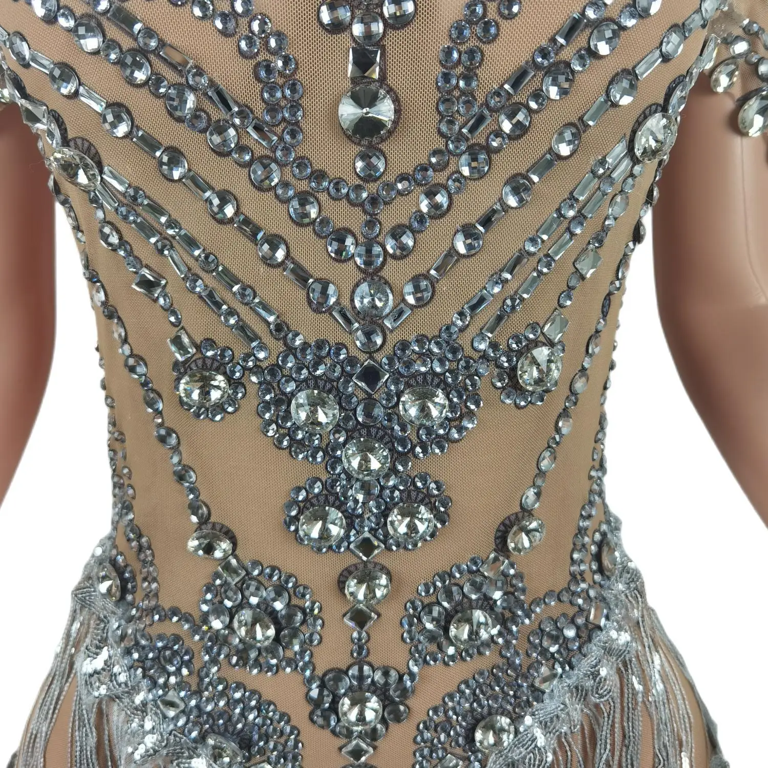Sexy See Through Sequins Rhinestone Birthday Party Dress Music Festival  Outfit Stage Dance Wear Women Tassel Mini Club Dress