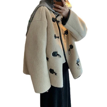 vintage style full wool coat women's young shearling 2022 new hook buckle fur one fur short coat