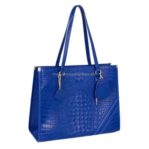Customized Logo Vegan Croc Leather Royal Blue Ladies Tote Bag Shoulder Handbag Purse for Women