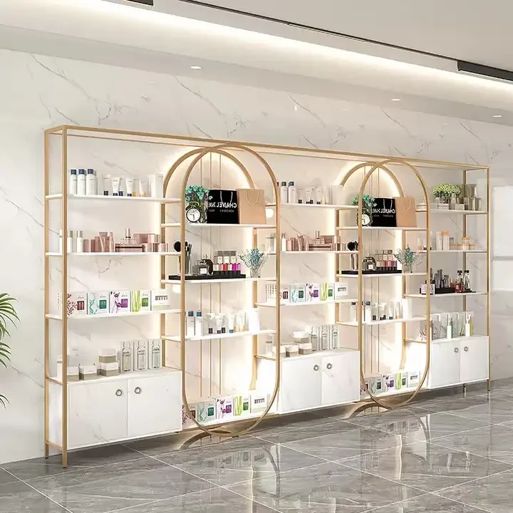 Custom Wooden Wall Cosmetic Shelves Display Cabinet And Makeup Display ...