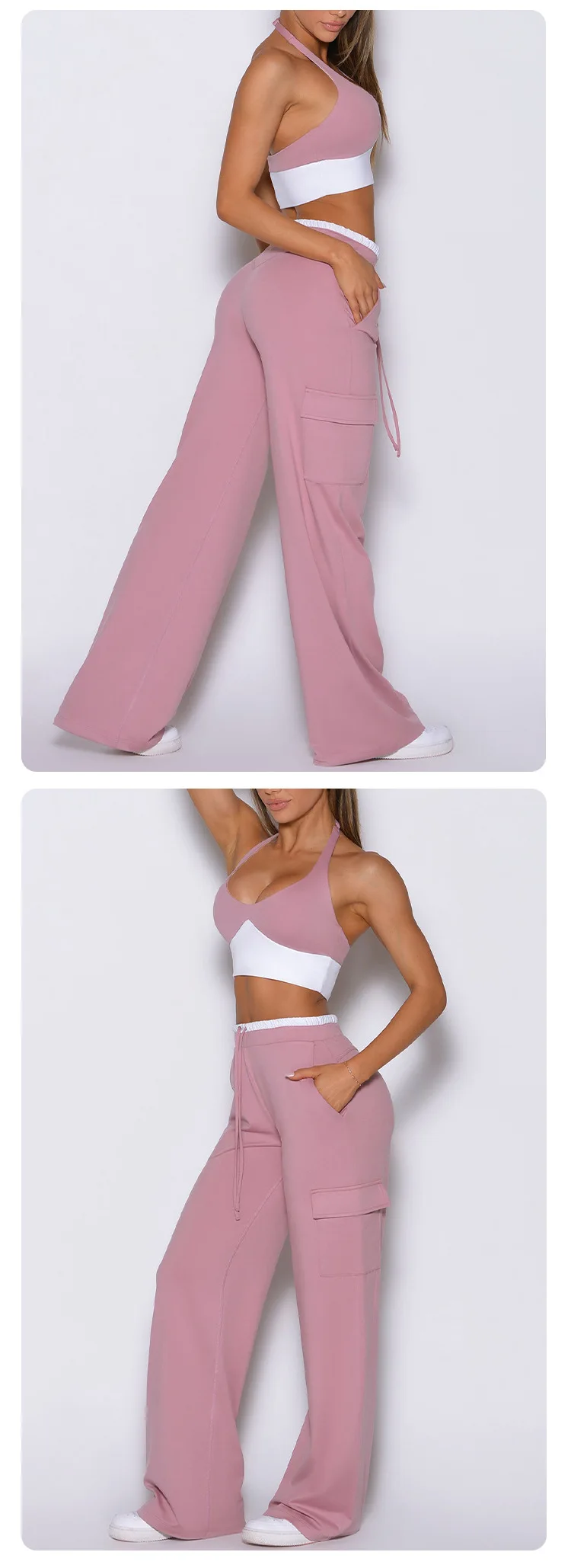 Women's Halter Yoga Set Backless Sports Bra Wide Leg Cargo Pants Two Piece Activewear — detail