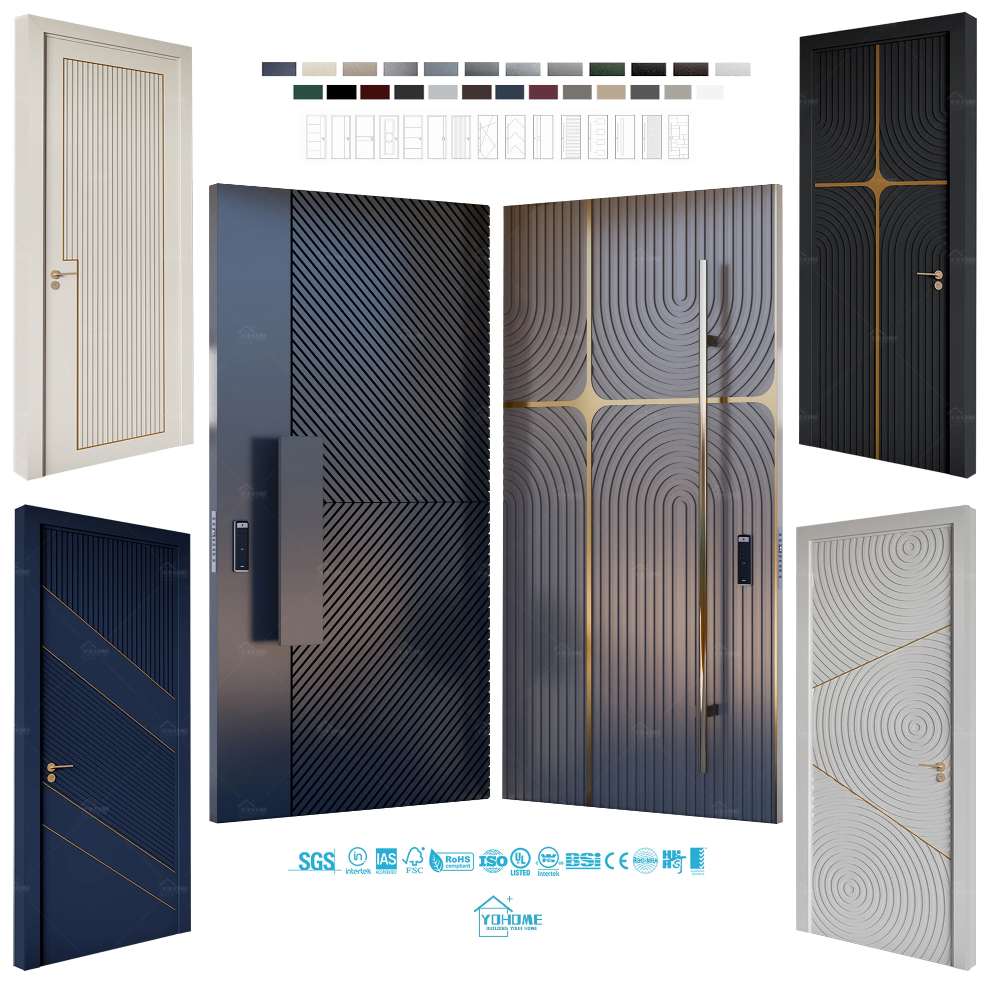 China Yohome Factory Custom Cast Aluminium Security Entry Doors for Houses Entrance Wood Door Modern Pivot Front Exterior Door