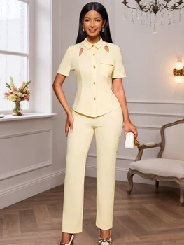 AM050851SET Short Sleeve Blouse Straight Leg Pants Nice Uniforms Women Apricot 2 Pieces Set