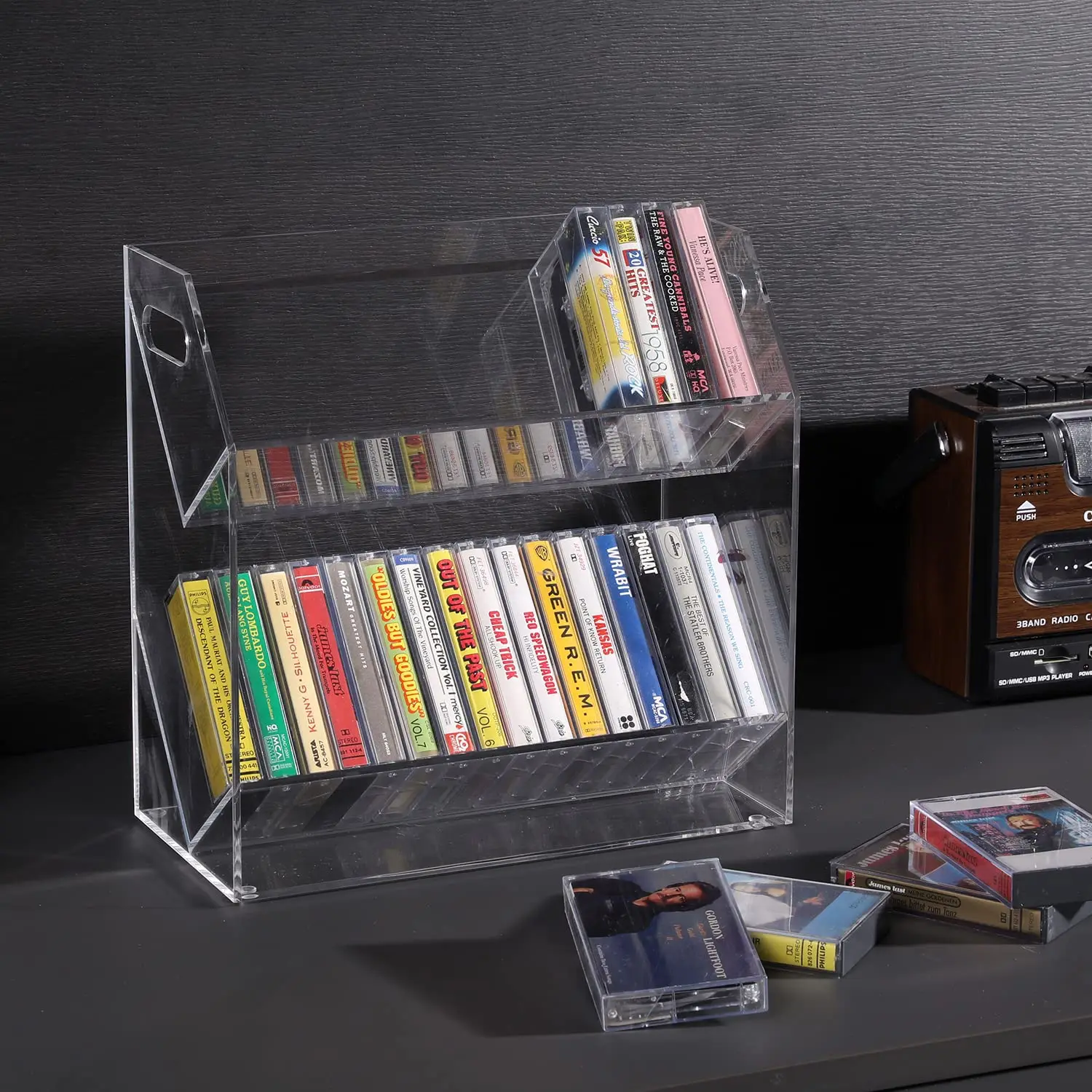 Klarer Acryl-Kassetten band halter 2-stufige  Retro-Audio-Tape-Deck-Aufbewahrung vitrine mit aus geschnittenen Griffen