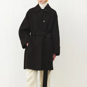 Custom Korean Popular Long Sleeve Elegant Long Winter Buttons Women Trench Coat Loose Casual Woolen Women's Coat