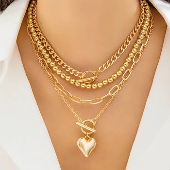 Fashion Jewelry hip-hop punk  set necklace With love heart layered gold necklace jewelry For Women