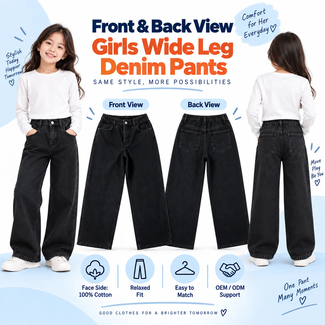 Chic Y2K girl's Retro Black Denim Wide Leg Pants Baggy Straight Breathable Mid Barrel Streetwear Ecowalson Retro