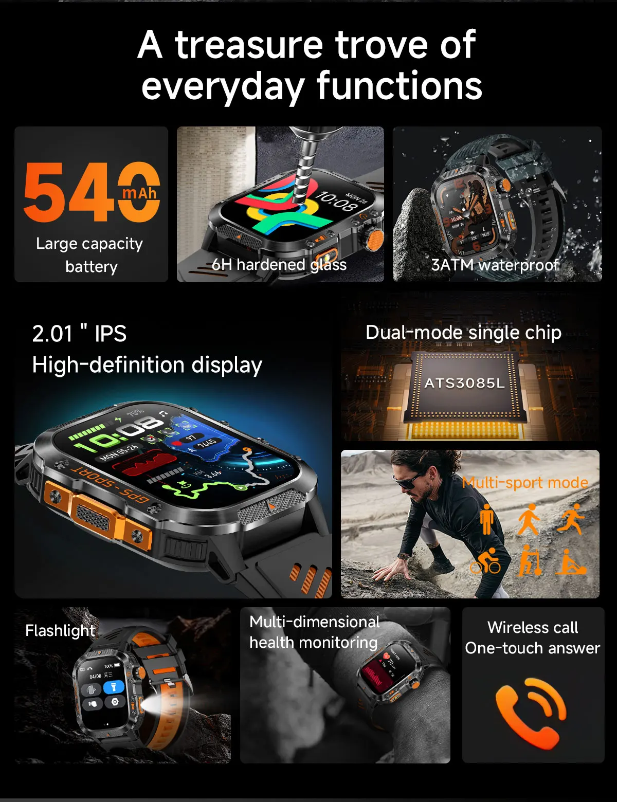 product laudtec sport flash light smart watches heart rate health monitoring gps smartwatch waterproof outdoor sports watch sb003-3