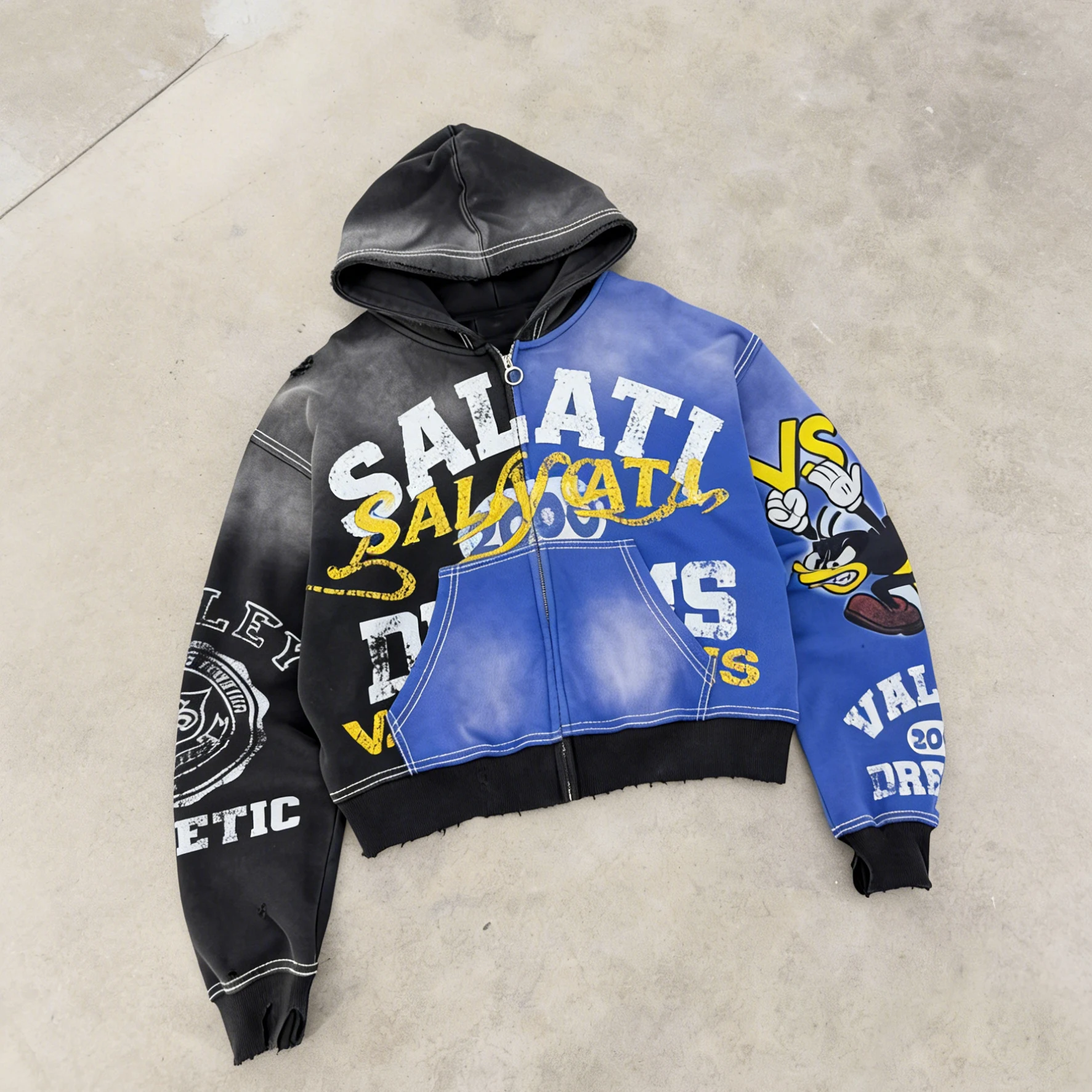SALATI Custom Embroidery Screen Print Painted Acid Washed Deep Distressed Ripped Pocket Double Layer Hood Raw Hem Hoodies gallery 2