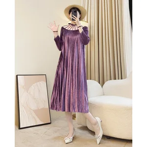 Miyake Elegant Velvet Pleated Ladies Dress High-End Casual with Long Sleeves and Pearl Decorative for Fall/Winter