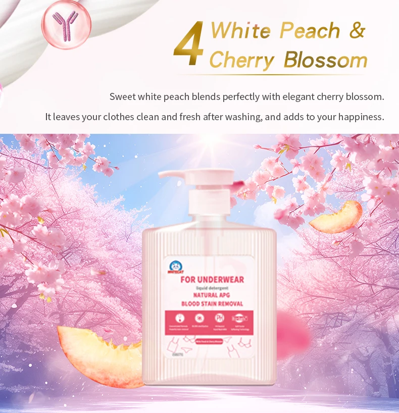 White Peach & Cherry Blossom. Sweet white peach blends perfectly with elegant cherry blossom. It leaves your clothes clean and fresh after washing, and adds to your happiness.