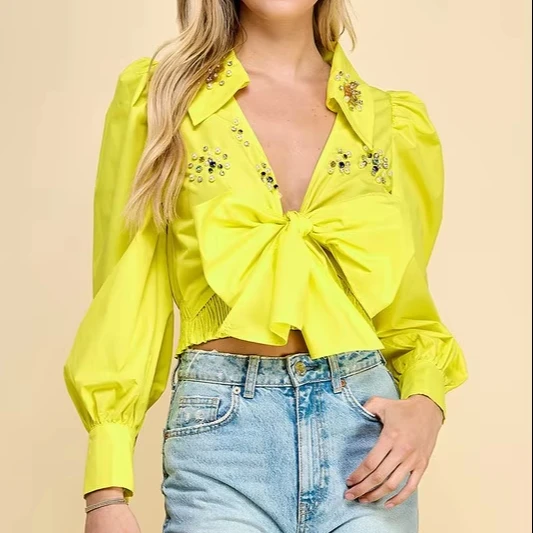 Cropped Top With Rhinestones Elastic Waistband Puffed Sleeves Self-tie Front Sexy Summer Party Style With Woven Weave - Image 1