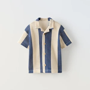 Wholesale Custom Kids Stripe Shirt Kids Breathable Camp Collar Short Sleeves Button-up T-Shirt