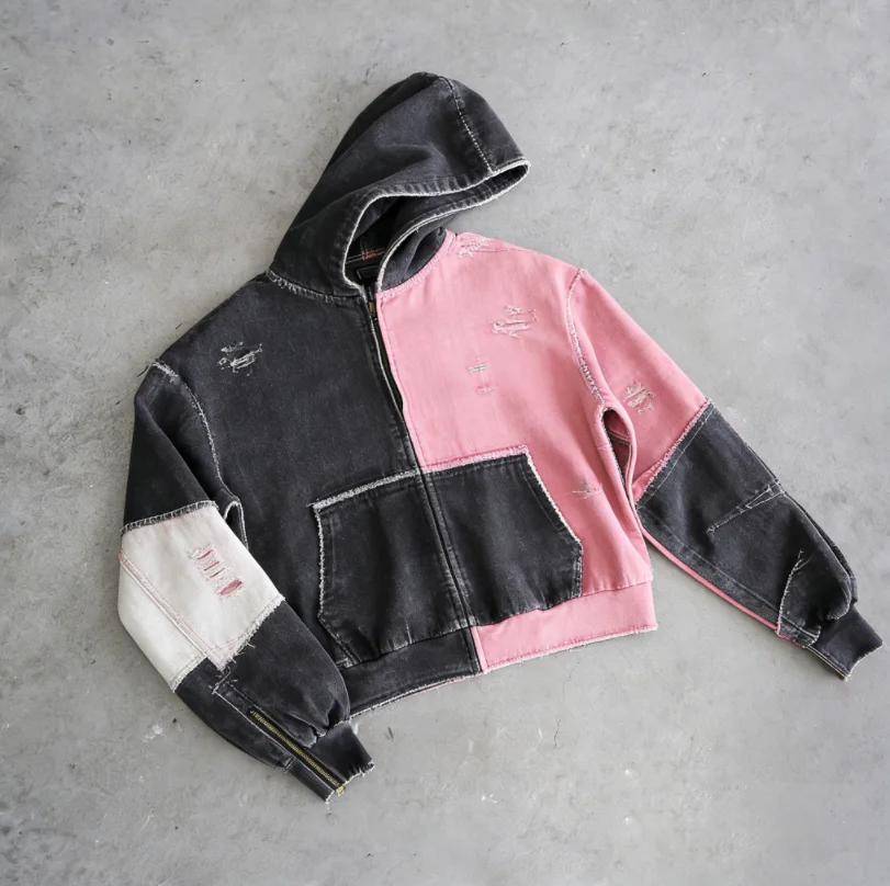 SALATI HighQuality Custom Designer Embroidery Plaid Acid Wash Oversized Color Blocked Oversized Zipper Waffle Flannel Men Hoodie gallery 3