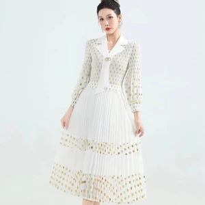 Plus Size White Gold Polka Dot Dress - Pleated Midi Blazer Collar Long Sleeve Formal Occasion Dress for Women