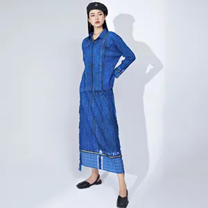Women's Pleated Denim Set Casual Style Long-Sleeve Cardigan Top and Long Pleated Denim Skirt 2-Piece