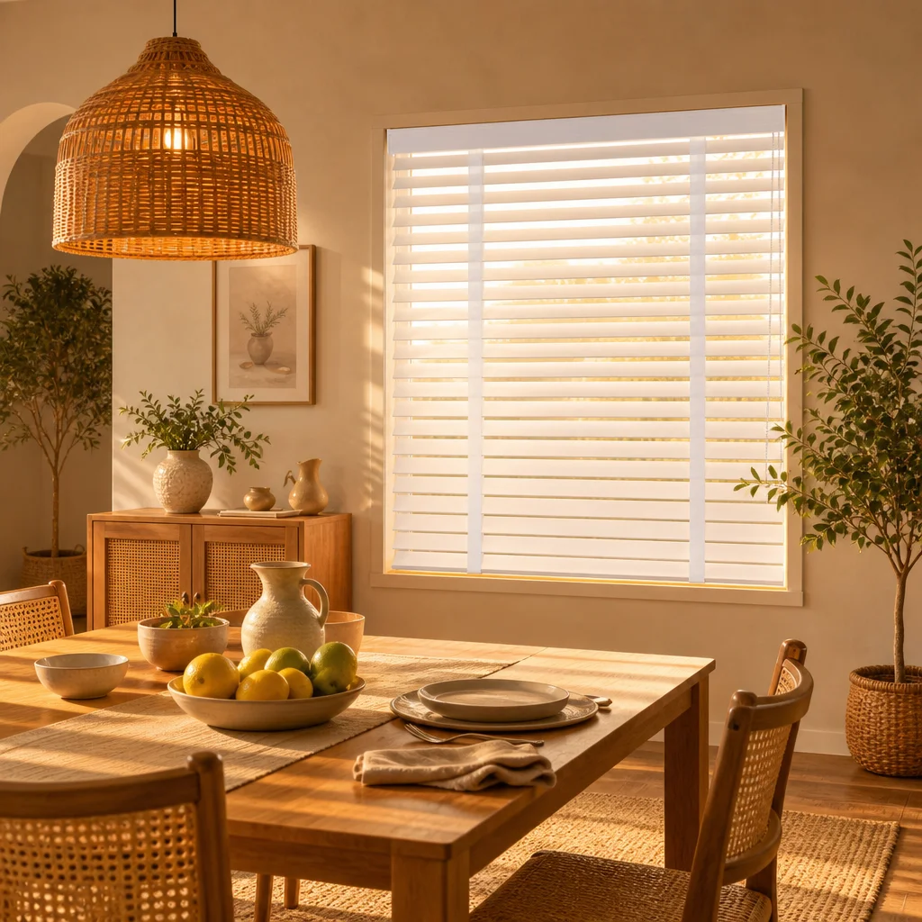 Painted White Solid Wood Venetian Blinds 50mm Ladder String Pull Cord Plain Headrail Custom Built-In Dining Room Window Blinds