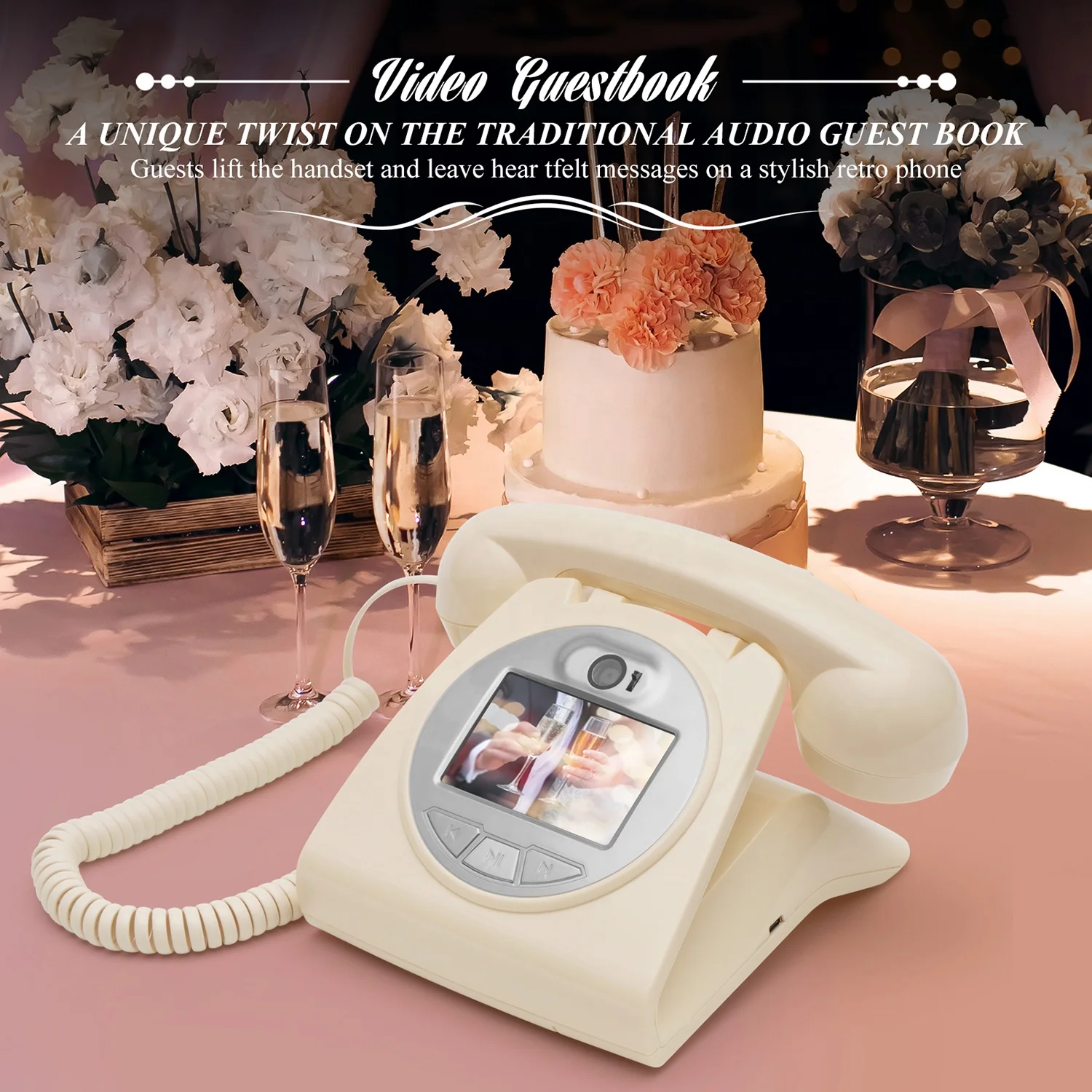 Wedding 1080P Video Audio Guestbook Phone Wedding Signboard Annual Party  Birthday Arrangement Audio Video Guest Book Retro Phone