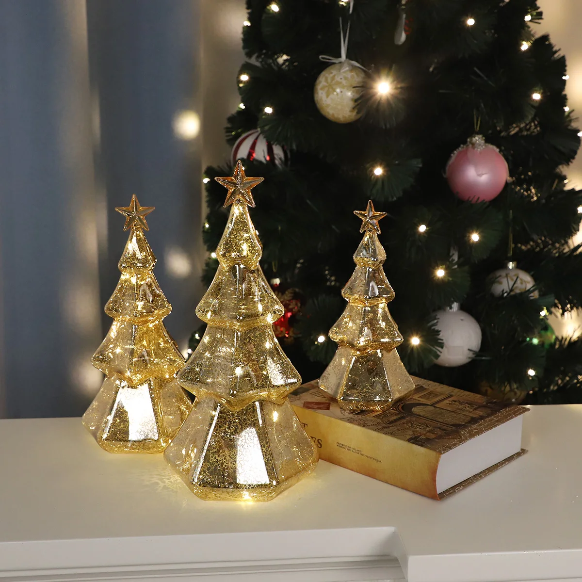 Battery operated vintage decorative led light up gold mercury glass cone table top xmas christmas tree trees set 3 for sale