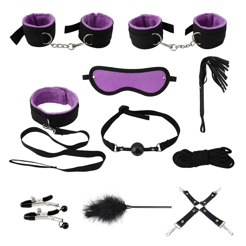 10 Pcsset Sex Products Erotic Toys Adults Bdsm Sex Bondage Set Handcuffs Nipple Clamps Gag Whip 5488