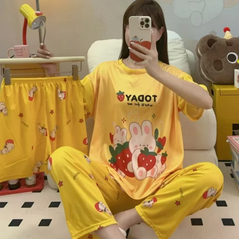 Women's 3 In1 Pajamas Cheap Short Sleeve Pant Shorts 3 Pieces Set Sleepwear Korean Soft Home Nightwear Cartoons Baju Tidur
