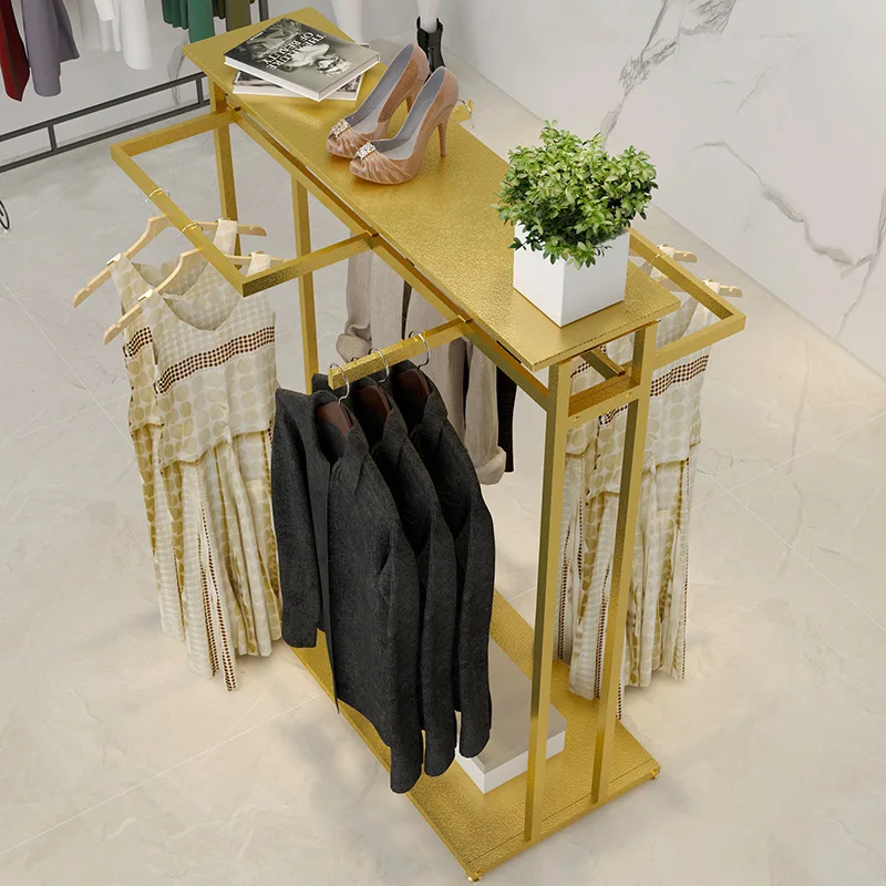 TOP Customized Men's Garment Shop Furniture Decoration Shiny Gold Metal Clothing Display Rack for Clothes Store Interior Design