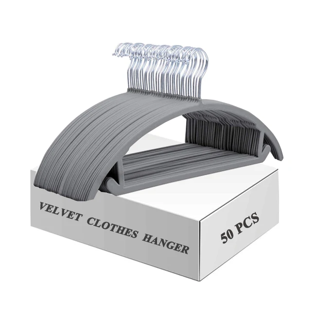 Nonslip Nylon Flocked Coat Hangers 50pcs Grey Color Velvet Trouser