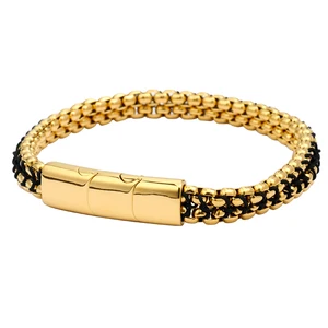 8mm Gold Plated Stainless Steel Double Box Chain Bracelet Unisex Adjustable Black Cord Inlay with High Polished Clasp & Extender