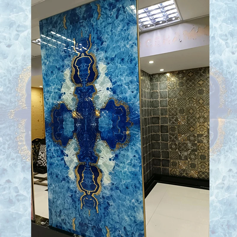 Springletile Customized 60x120 Polished butterfly Pattern Textured Gold Vein Blue Background Ceramic Bathroom Wall Tile Design
