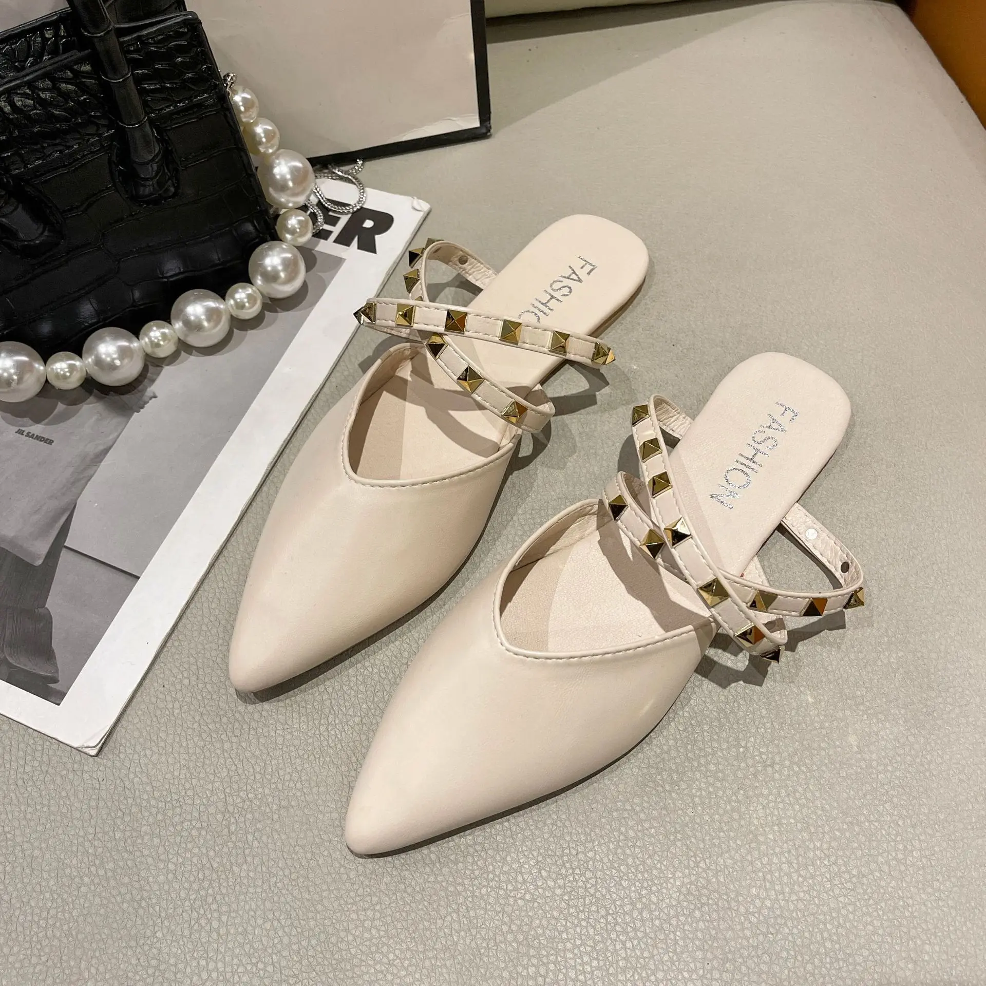 Pointed head flat with rivets large size half slippers summer new fashion slippers woman