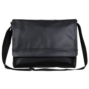 Custom Waterproof Black PU Leather Shoulder Crossbody Laptop Bag Messenger