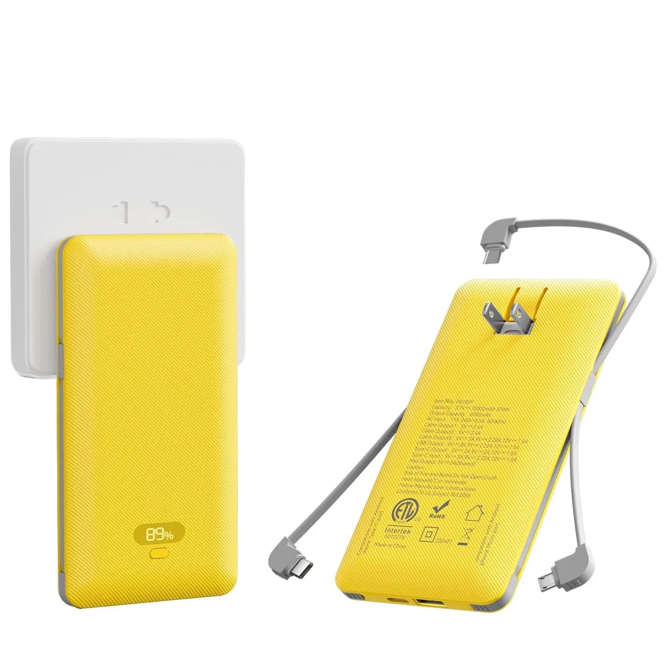 Quick 20W 6 in 1 Power Bank 10000mAh Built-in 3 Cables & AC Plug, Portable Multi-port Phone Charger Digital Display PB180P
