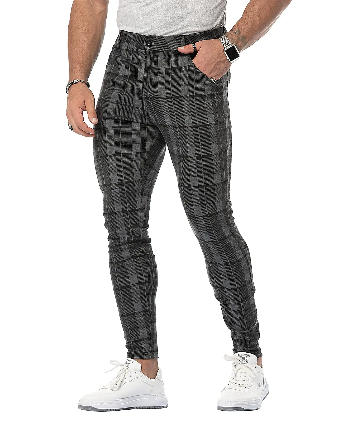 Mens chequered trousers skinny fashion