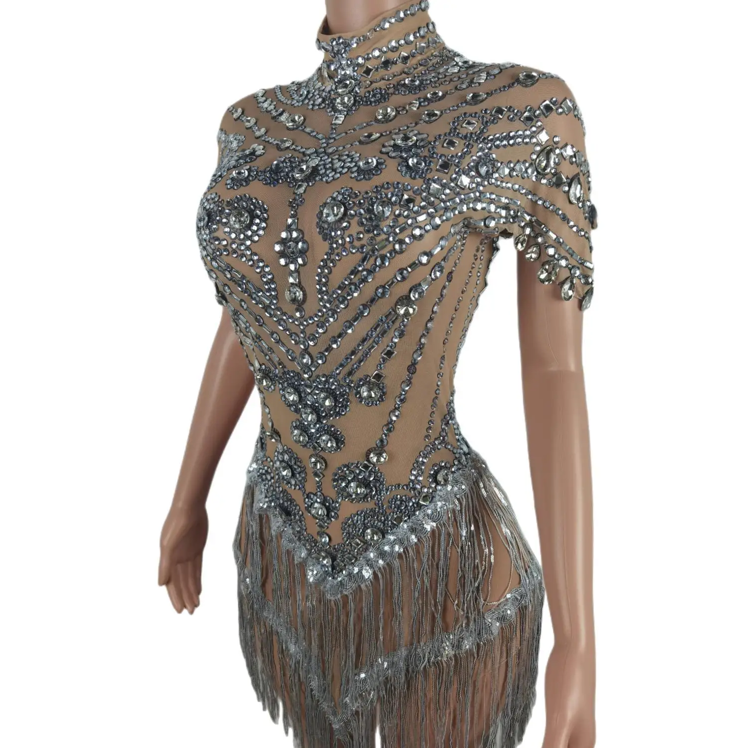 Sexy See Through Sequins Rhinestone Birthday Party Dress Music Festival  Outfit Stage Dance Wear Women Tassel Mini Club Dress