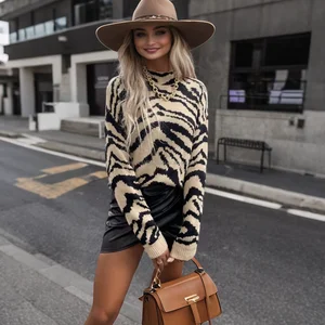 European American Women's Elegant Leopard Print Crewneck Pullover Brown Knitted Long-Sleeve Sweater Casual Hot Sale for Autumn