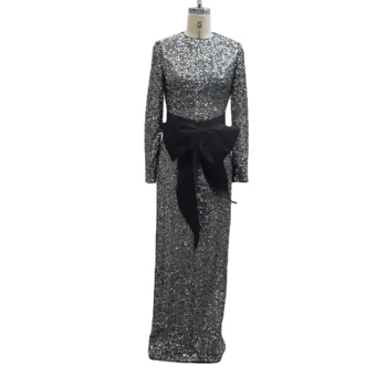 Grey long sleeve sequined black belt embellished back hollow-out mermaid wedding dress