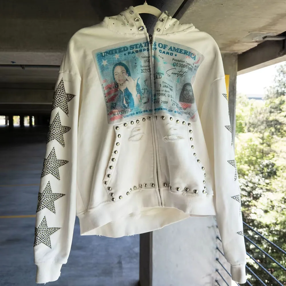 Dongguan Salati Industrial 500gsm Heavyweight Custom DTG Print Rhinestone Dirty Washed Distressed Studs Men Zip up Hoodie