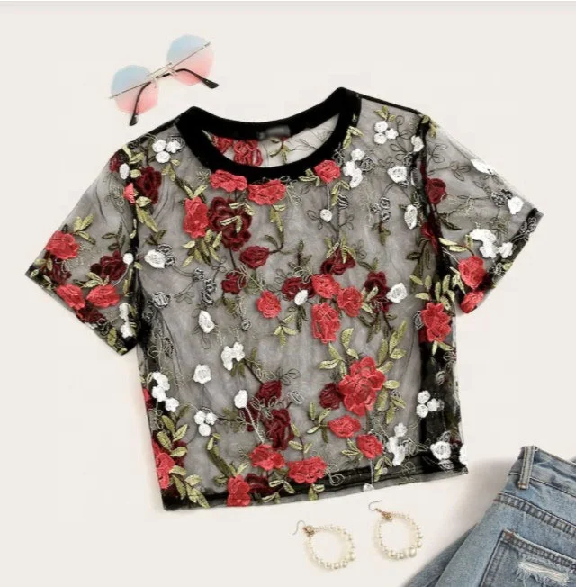 romantisch plafond Persoonlijk Women Boho T Shirt Summer Cotton Blouse Sheer Flower Embroidered Crop Mesh  Top Sexy Casual Polyester Crew Neck Knitted 7 Days - Buy Sexy Women Boho T  Shirt,Sheer Flower Embroidered Top Product