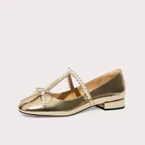 Best-Selling Gold Pearl Decor Mary Jane Flats Women's Round-Toe Ballet Shoes with Adjustable Strap for Party Daily Wear