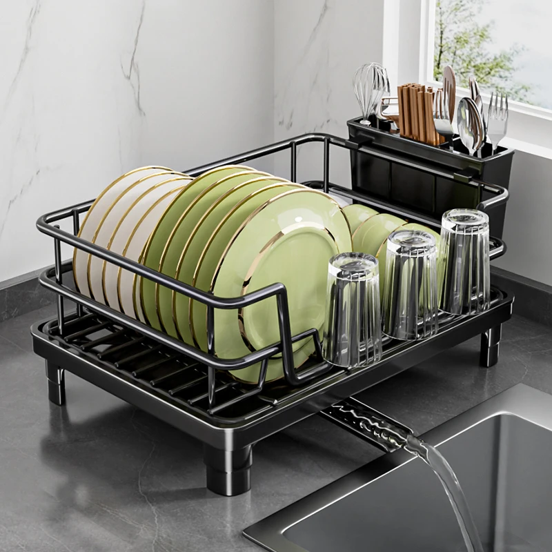 2024 Newest Removable Pull Down Small Purple Lifting 4 Tier Cover Aluminium Kitchen Cabinet Dish Rack Assemble Dish Rack
