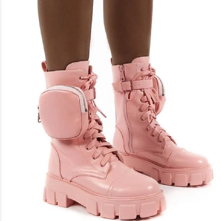 Botas De Tacón Grueso De Pu Con Cordones Delanteros Para Mujer,Botines De  Tacón Grueso De Pu Informales Con Mini Bolsa - Buy Botas De Invierno Con  Plataforma De Motocicleta Para Mujer Botas